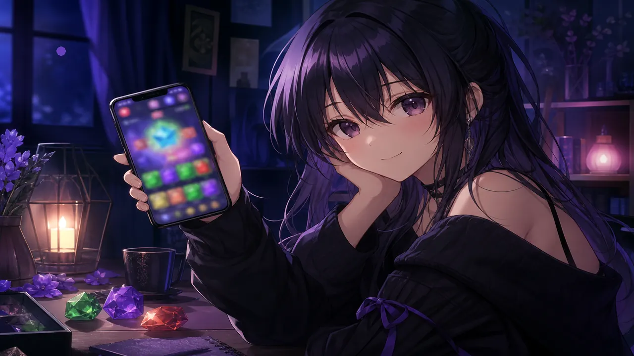 Anime player with phone and crystal colour chips on desk — apk