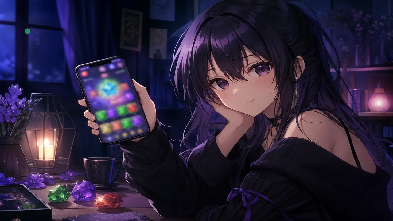 Anime player with phone and crystal colour chips on desk — app-download