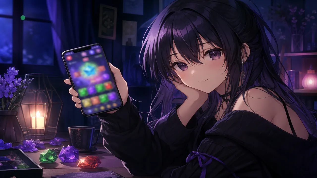 Anime player with phone and crystal colour chips on desk — app