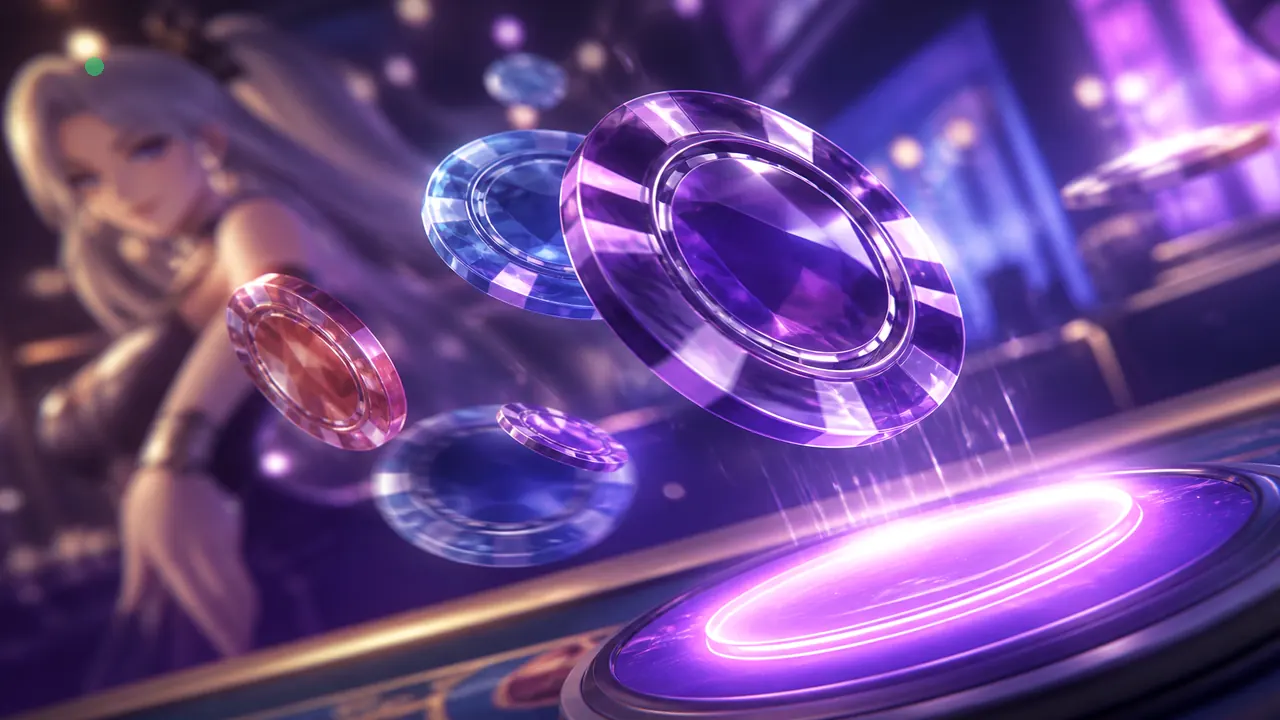 Crystal colour chips flying toward a glowing violet stake — articles/0-and-5-payout-cut