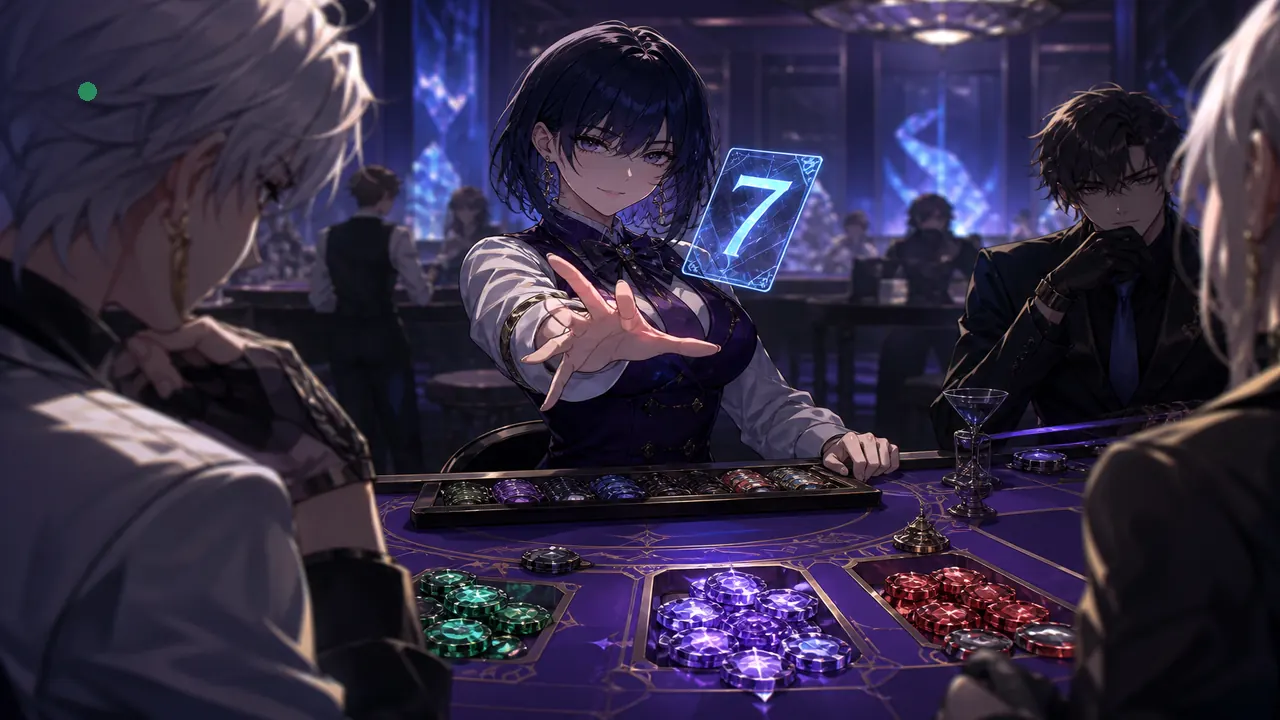 Anime dealer flipping a holographic digit card above colour chips — articles/demo-bots-are-not-signals