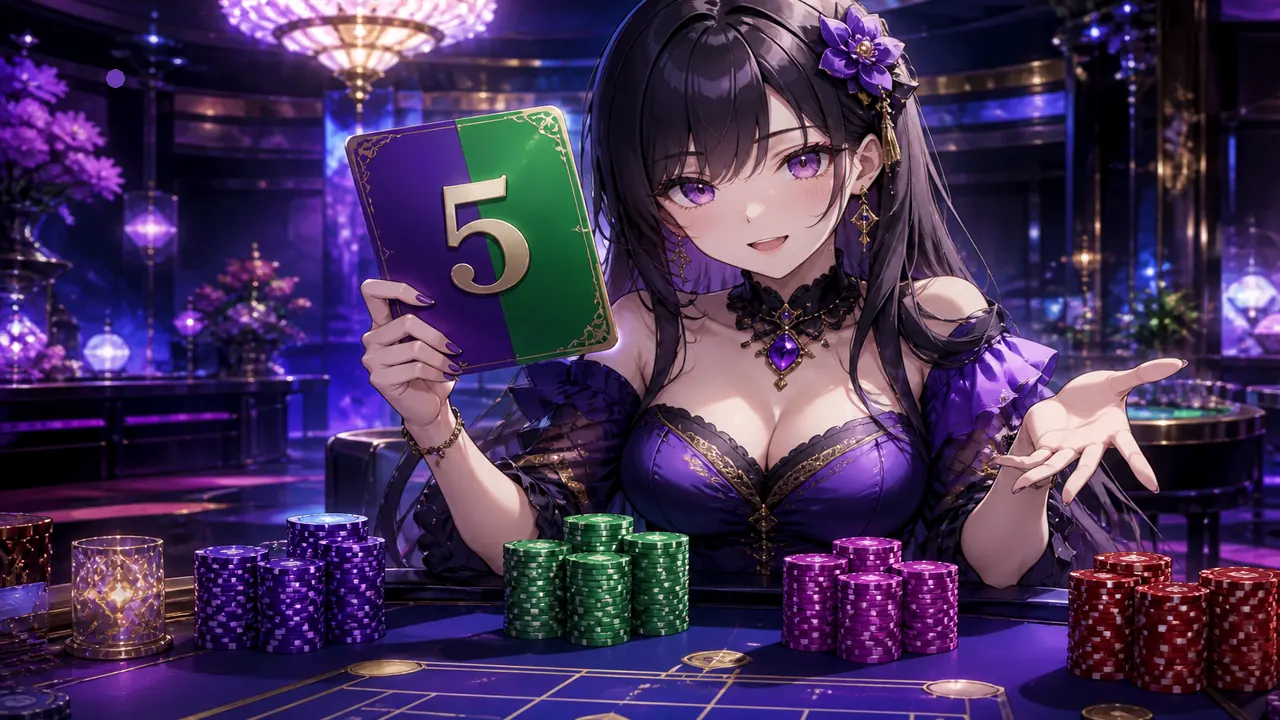 Anime colour prediction host with crystal chips on indigo stage — articles/kaise-khele-in-english