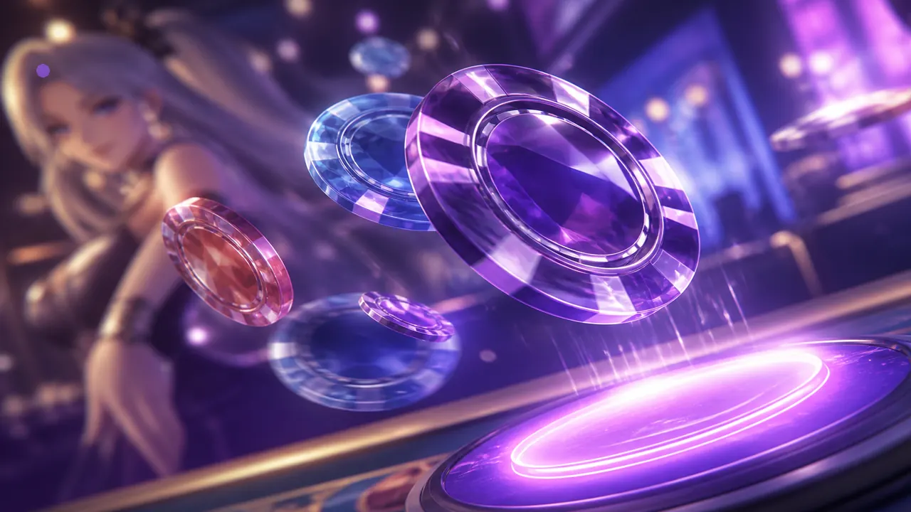 Crystal colour chips flying toward a glowing violet stake — articles/number-pick-vs-colour