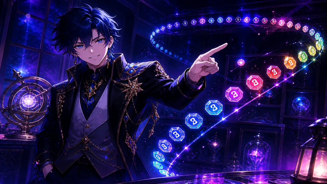 Anime host beside a ribbon of coloured digit gems — articles/reading-green-red-violet