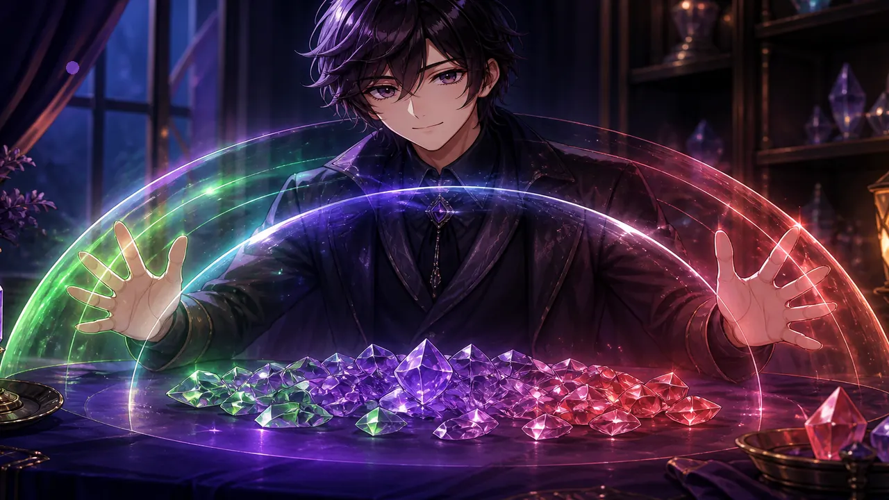 Anime host with soft colour shield aura over crystal chips — articles/session-notes-template