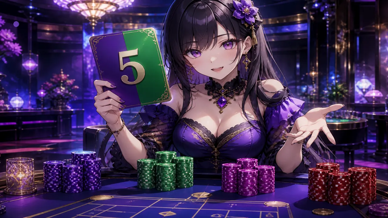 Anime colour prediction host with crystal chips on indigo stage — authors