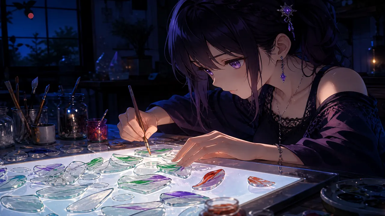 Anime host painting green violet red streaks on crystal chips — big-small-fold