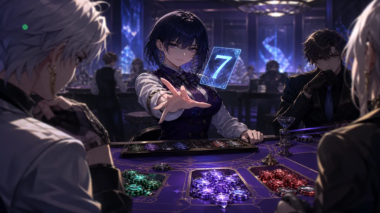Anime dealer mid flip with crystal colour chips on indigo table — checklist