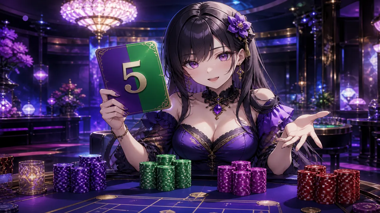 Anime colour host at neon table with crystal green violet red chips — color-prediction