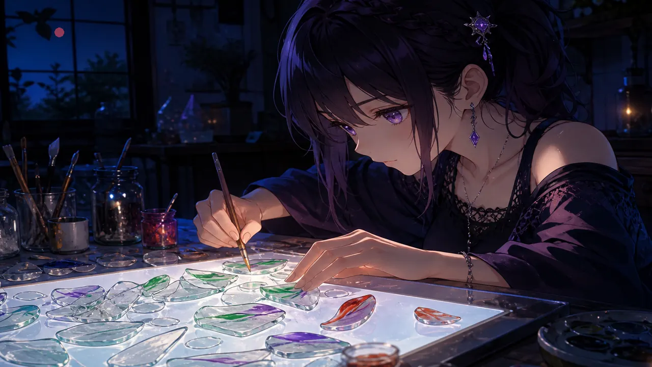 Anime host painting green violet red streaks on crystal chips — colour-map