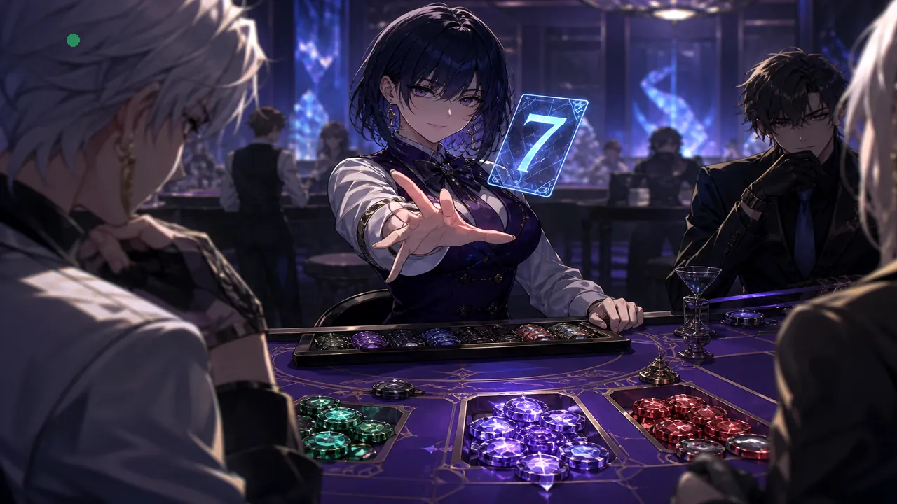 Anime dealer mid flip with crystal colour chips on indigo table — countdown