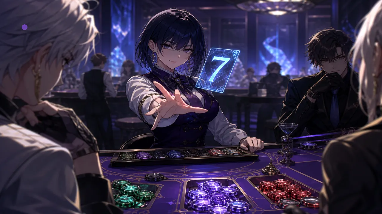Anime dealer flipping a holographic digit card above colour chips — credits-only