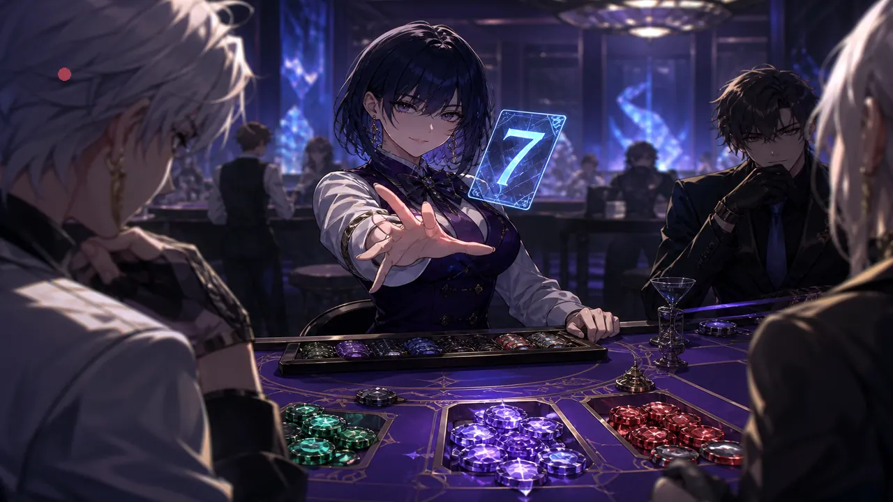 Anime dealer flipping a holographic digit card above colour chips — demo-before-cash