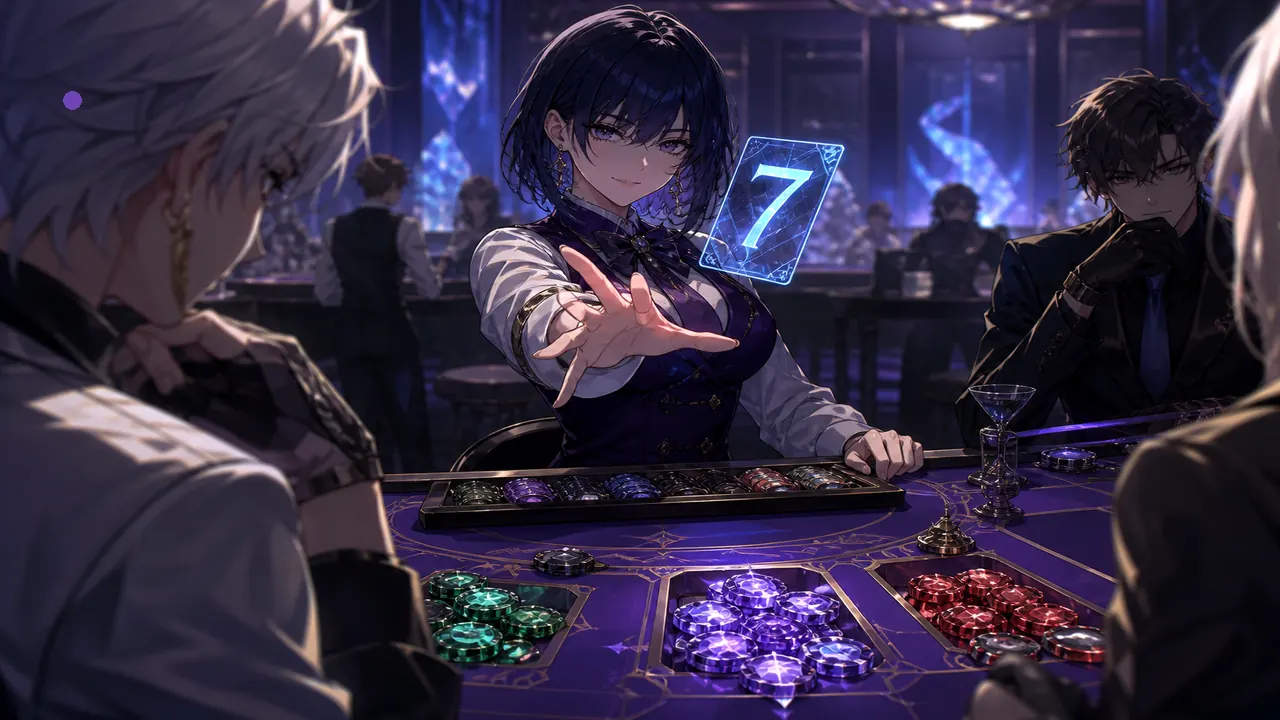 Anime dealer flipping a holographic digit card above colour chips — demo