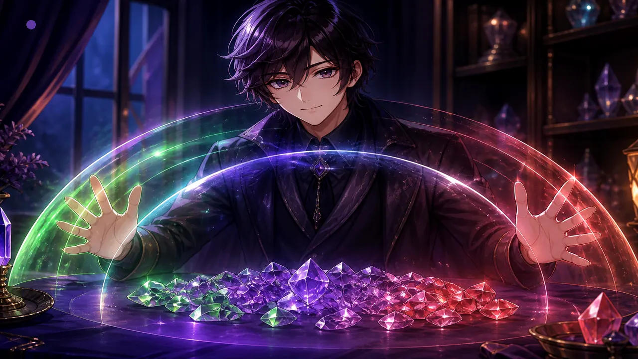 Anime host with soft colour shield aura over crystal chips — fairness
