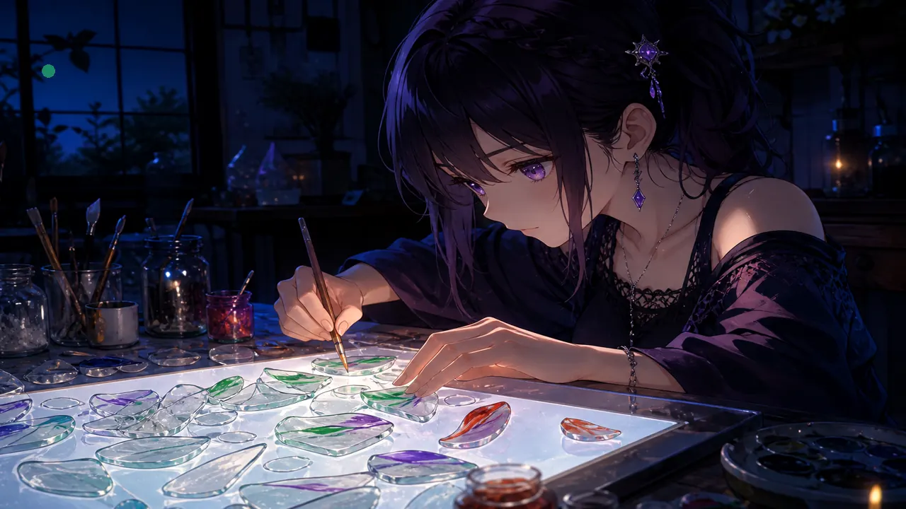 Anime host painting green violet red streaks on crystal chips — glossary
