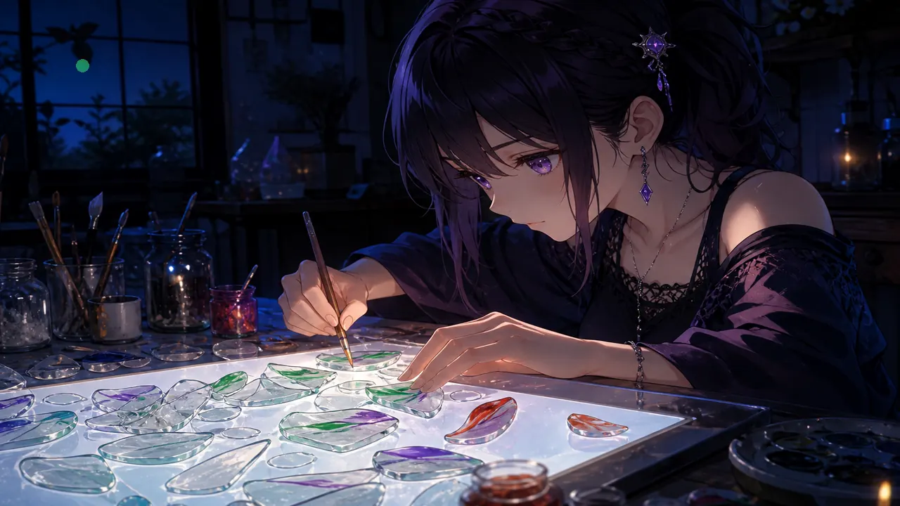 Anime host painting green violet red streaks on crystal chips — green-red