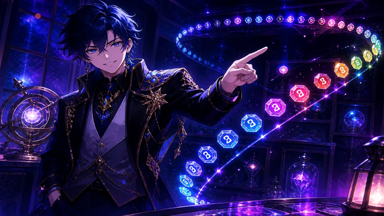 Anime host beside a ribbon of coloured digit gems — history-strip