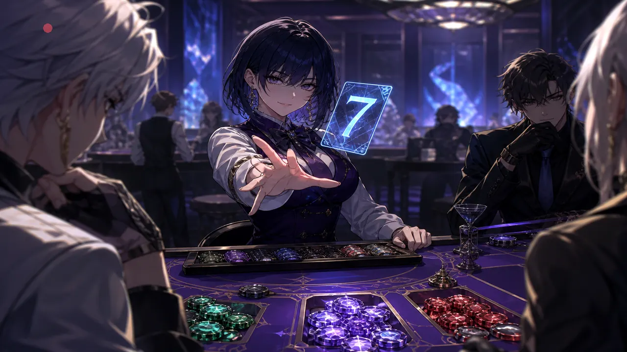 Anime dealer mid flip with crystal colour chips on indigo table — how-it-works
