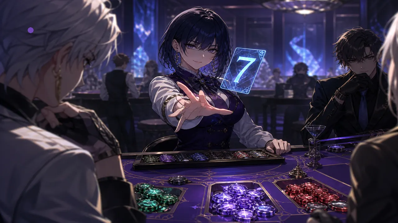 Anime dealer mid flip with crystal colour chips on indigo table — how-to-play