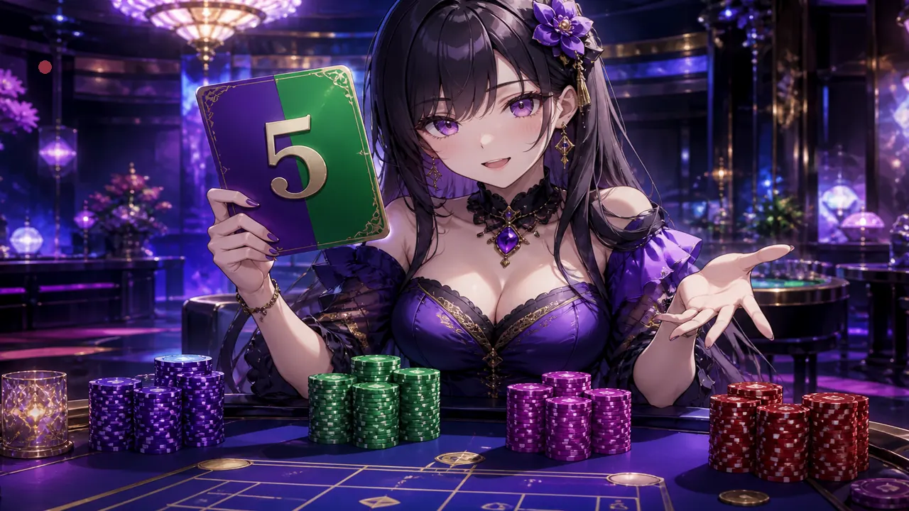 Anime colour host at neon table with crystal green violet red chips — home