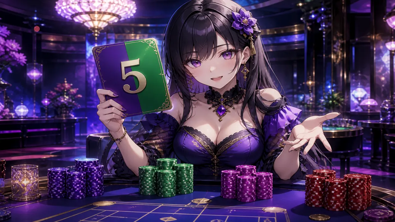 Anime colour prediction host with crystal chips on indigo stage — jili