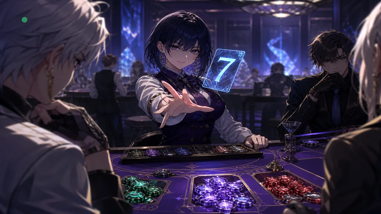 Anime dealer mid flip with crystal colour chips on indigo table — kaise-khele