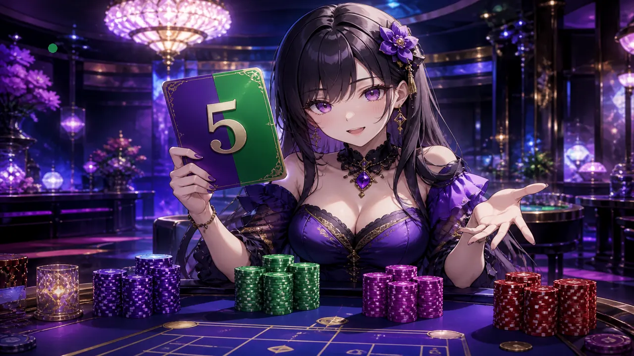 Anime colour prediction host with crystal chips on indigo stage — kya-hai