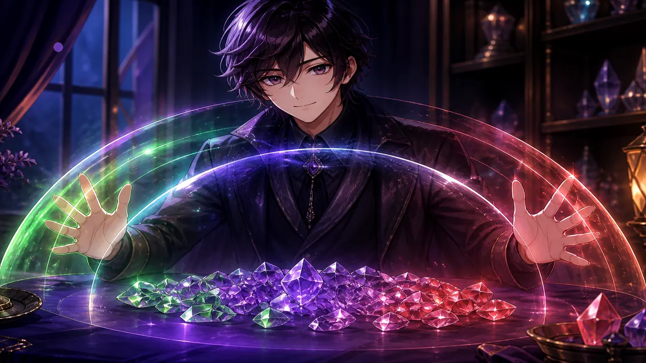 Anime host with soft colour shield aura over crystal chips — legal-india