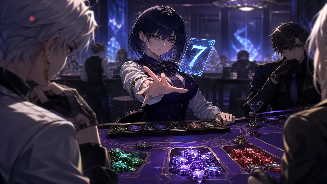 Anime dealer mid flip with crystal colour chips on indigo table — logic