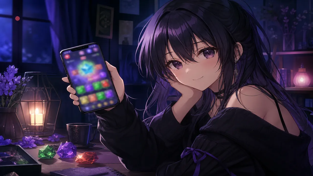 Anime player with phone and crystal colour chips on desk — mobile-browser