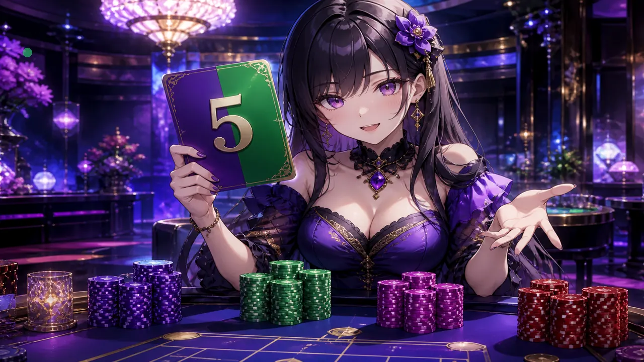 Anime colour prediction host with crystal chips on indigo stage — new-rooms