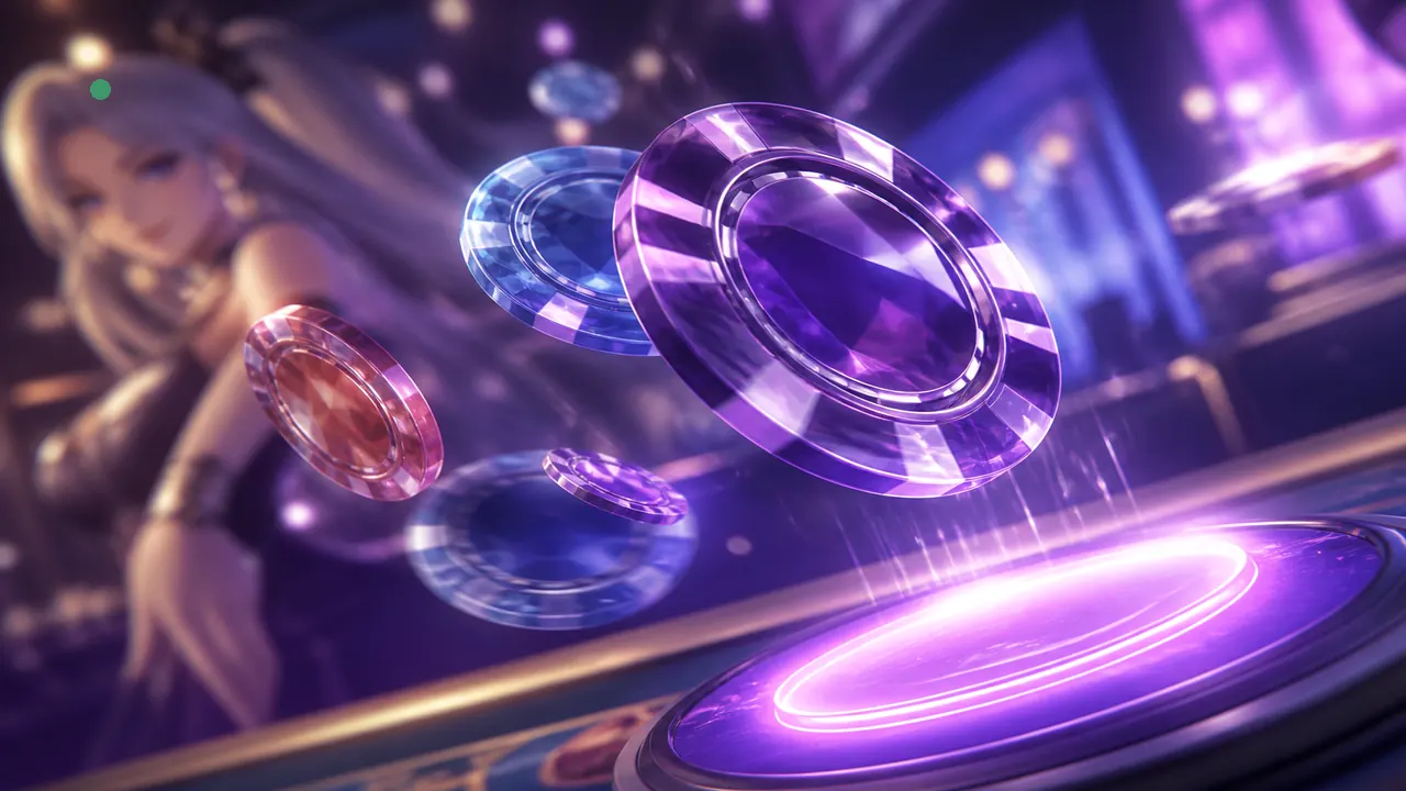 Crystal colour chips flying toward a glowing violet stake — online