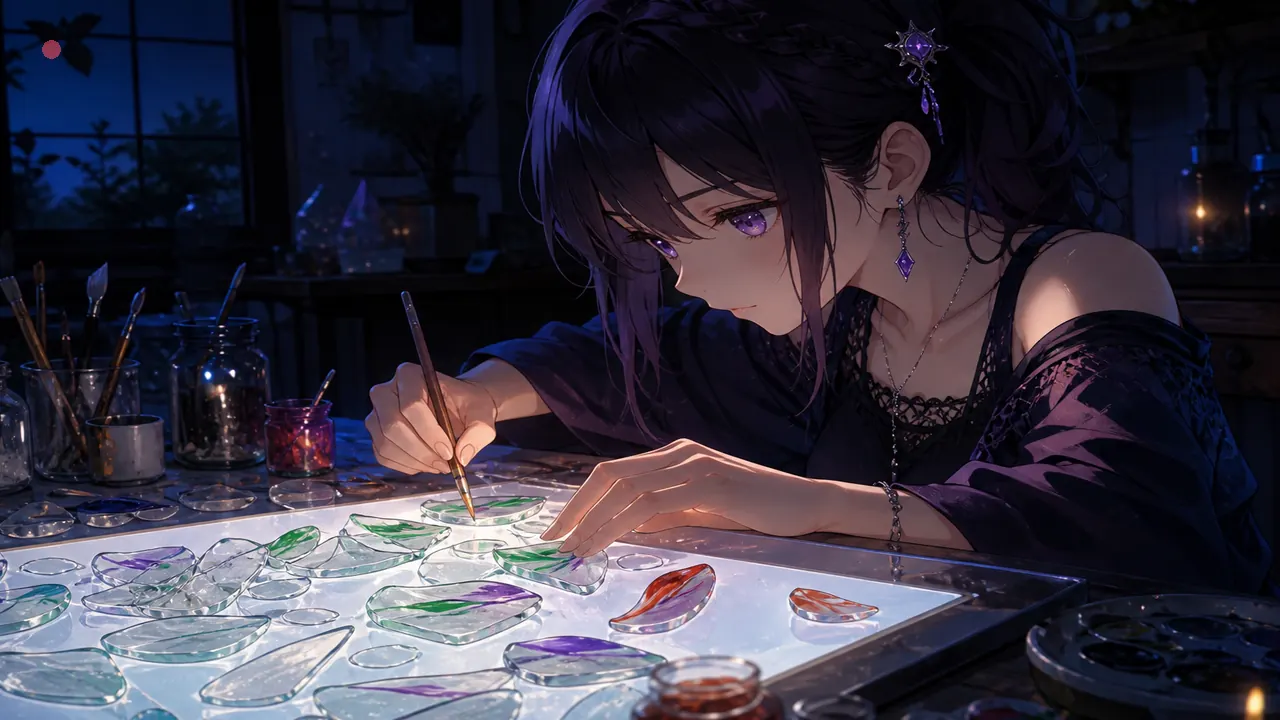 Anime host painting green violet red streaks on crystal chips — original-tile