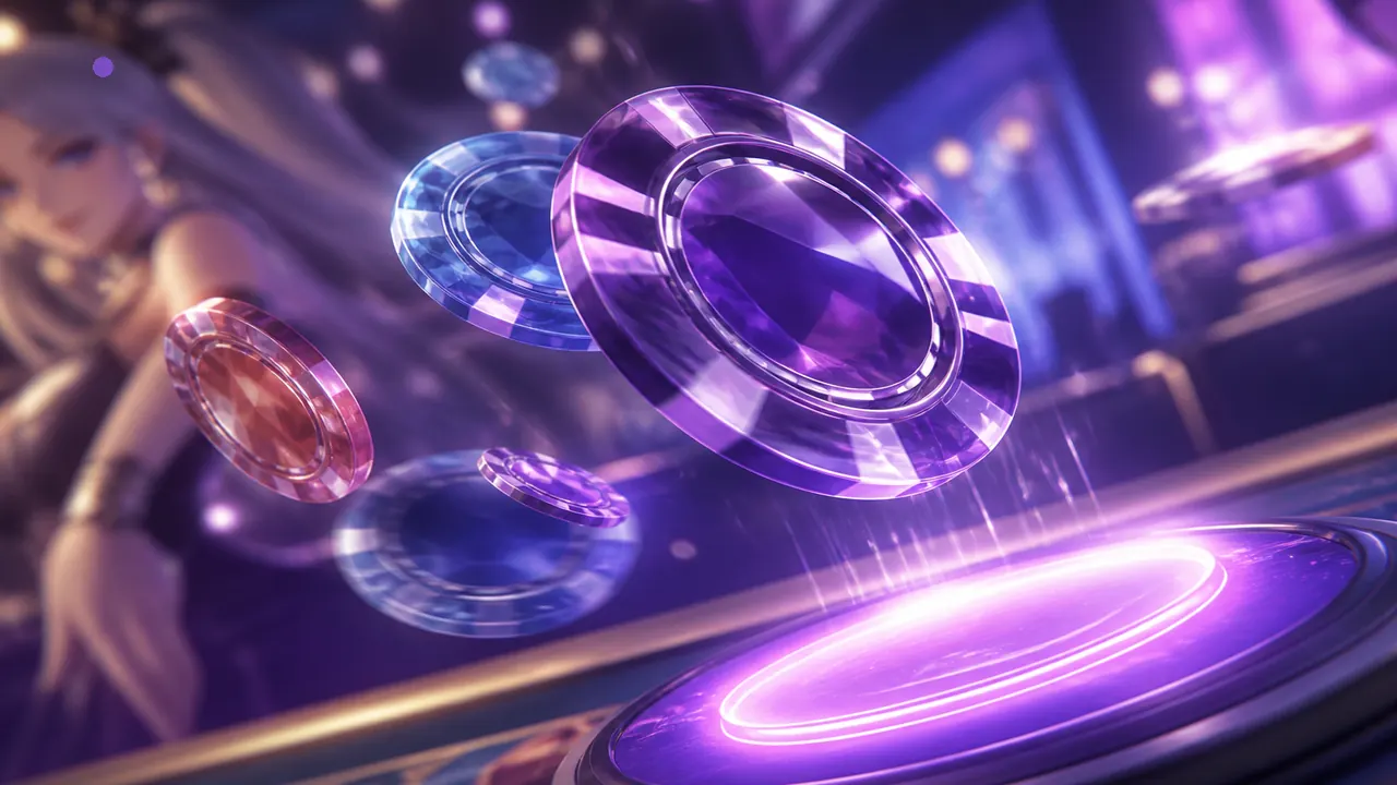 Crystal colour chips flying toward a glowing violet stake — payouts