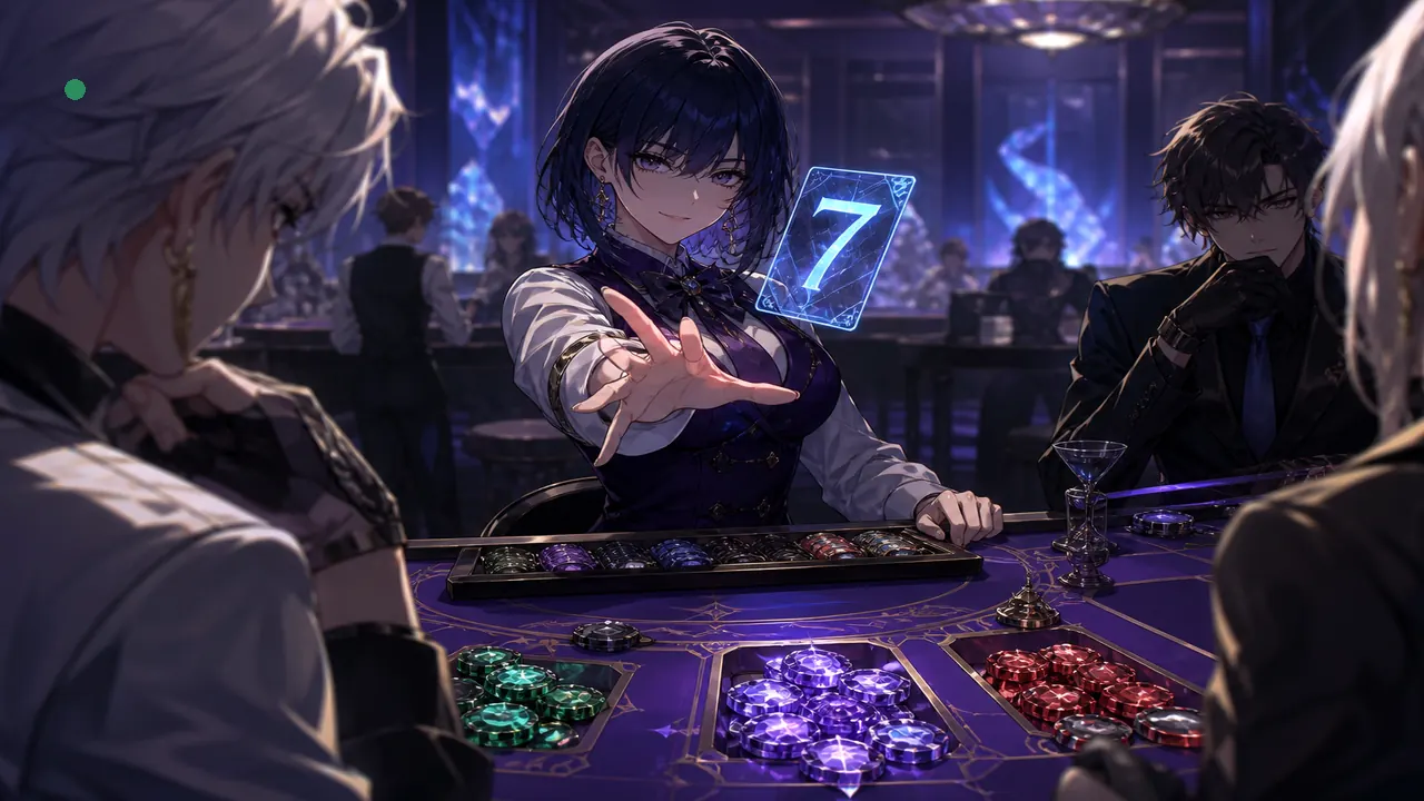 Anime dealer flipping a holographic digit card above colour chips — practice-room