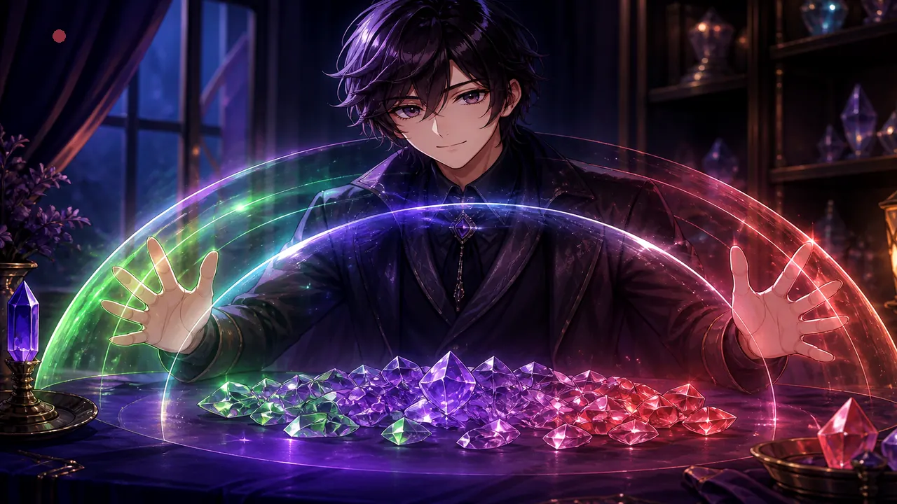 Anime host with soft colour shield aura over crystal chips — real-or-fake