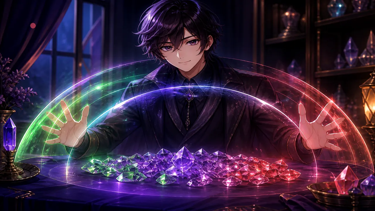 Anime host with soft colour shield aura over crystal chips — responsible
