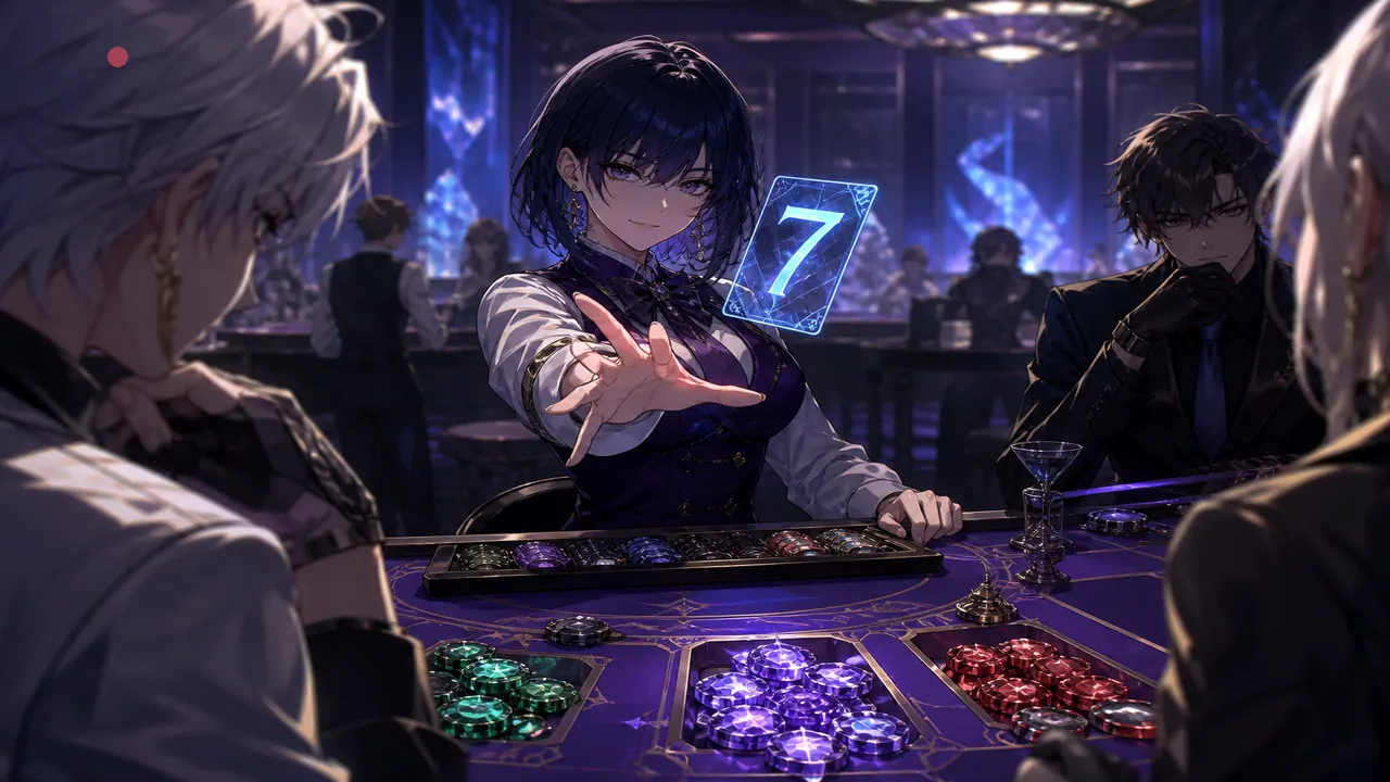 Anime dealer mid flip with crystal colour chips on indigo table — round-flow