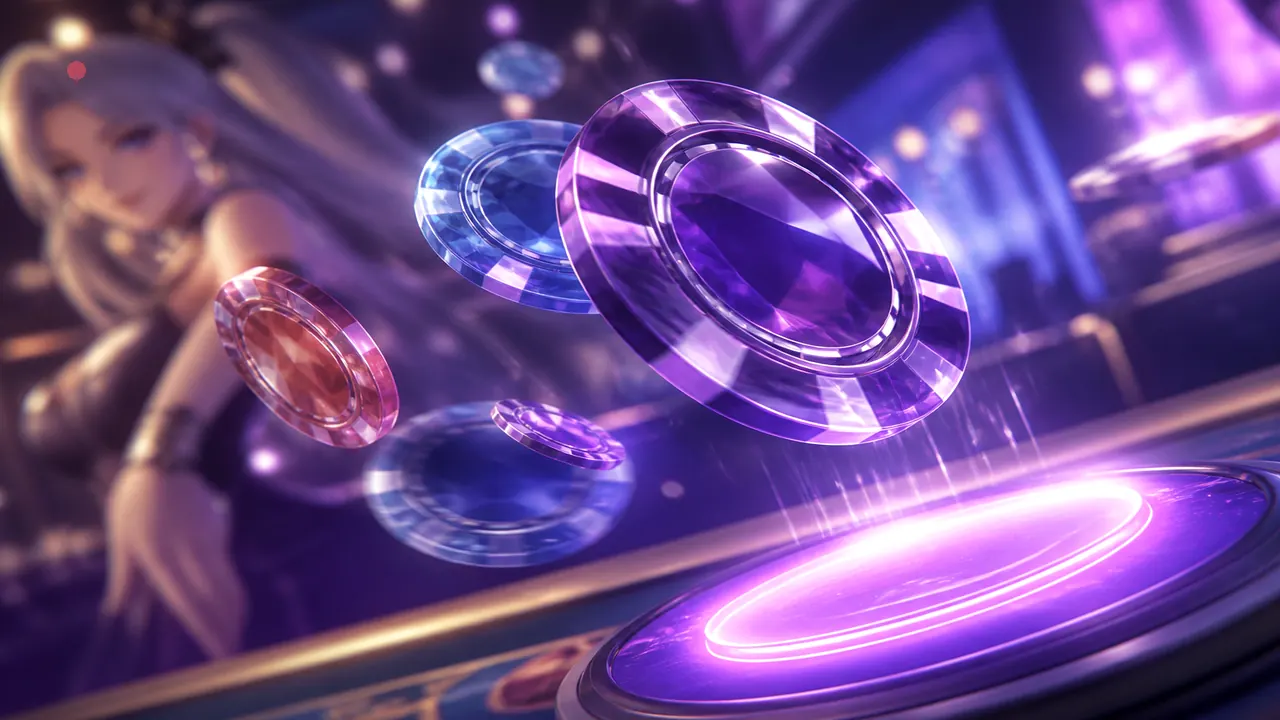 Crystal colour chips flying toward a glowing violet stake — rtp