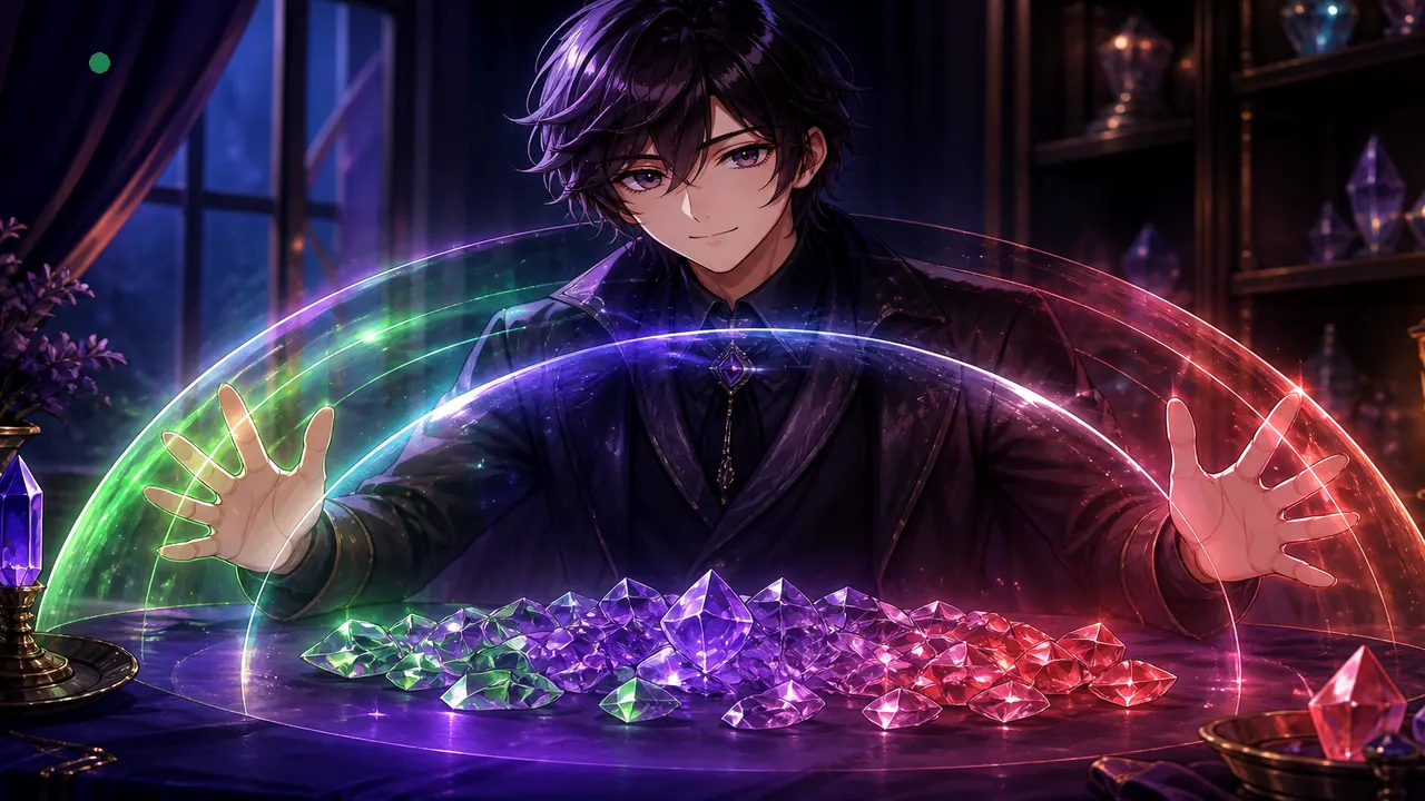 Anime host with soft colour shield aura over crystal chips — safe-play