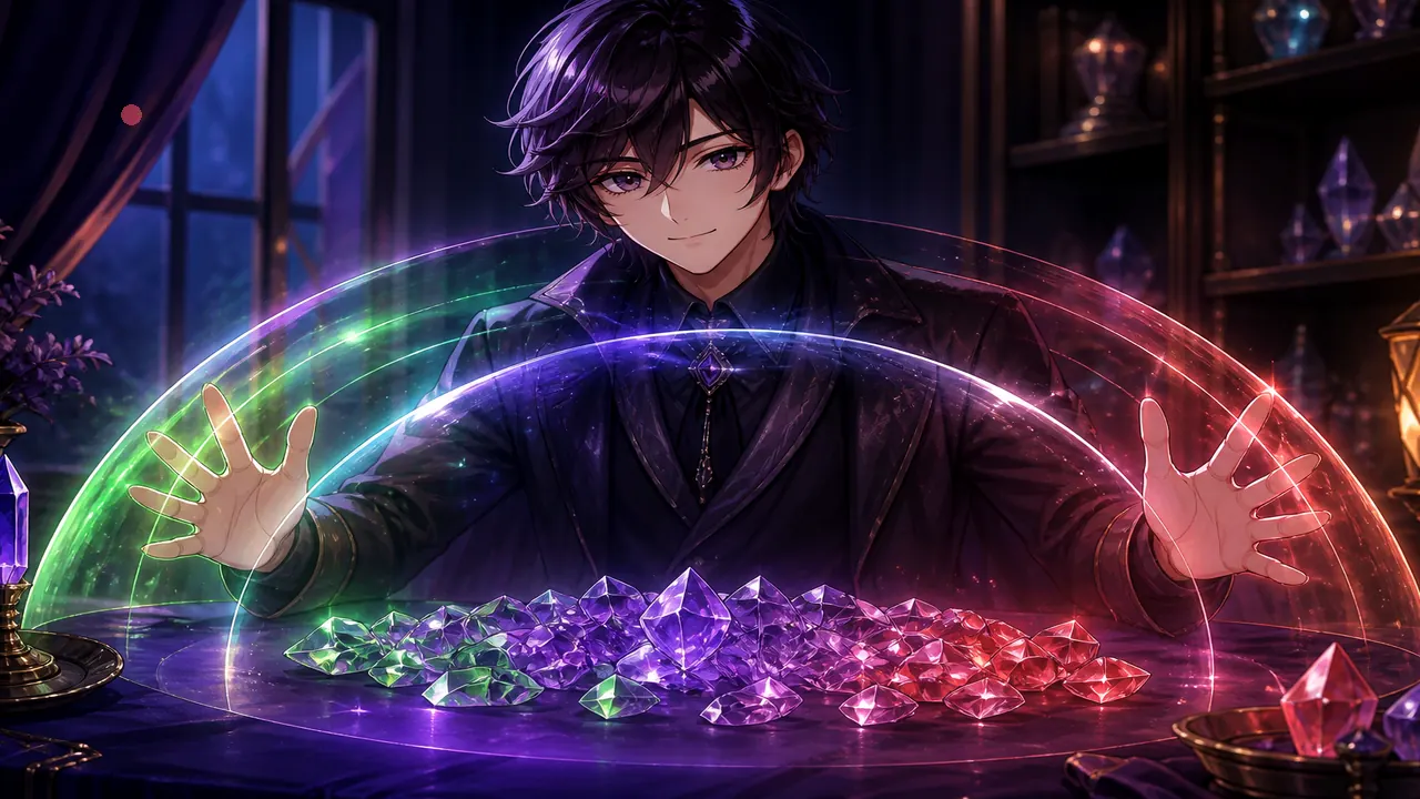 Anime host with soft colour shield aura over crystal chips — session-cap