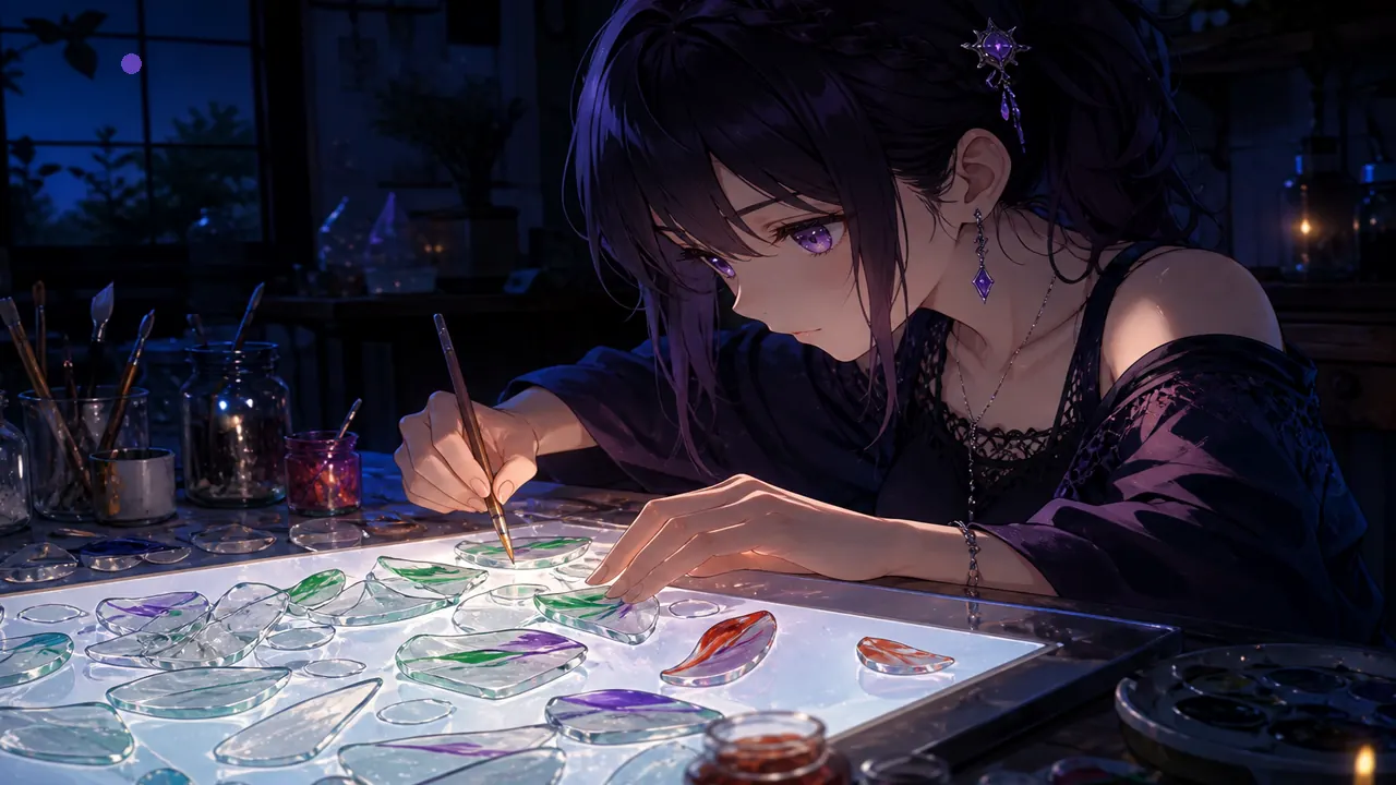 Anime host painting green violet red streaks on crystal chips — violet-0-5