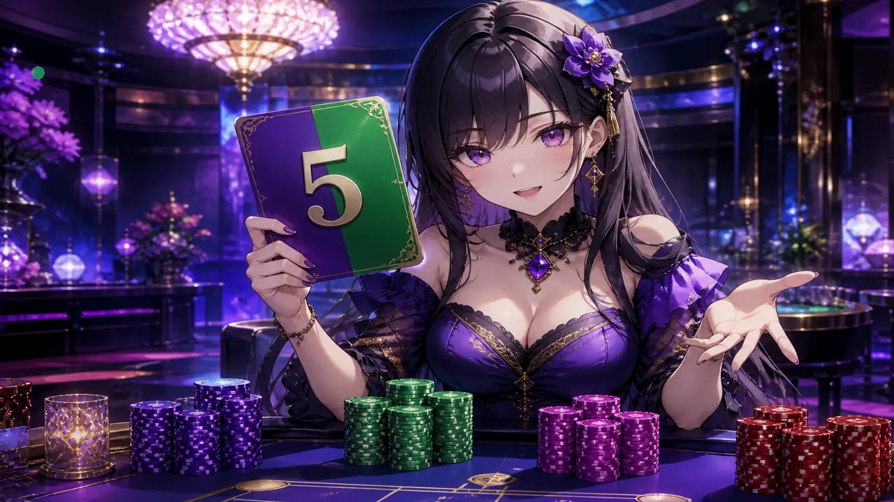 Anime colour host at neon table with crystal green violet red chips — what-is