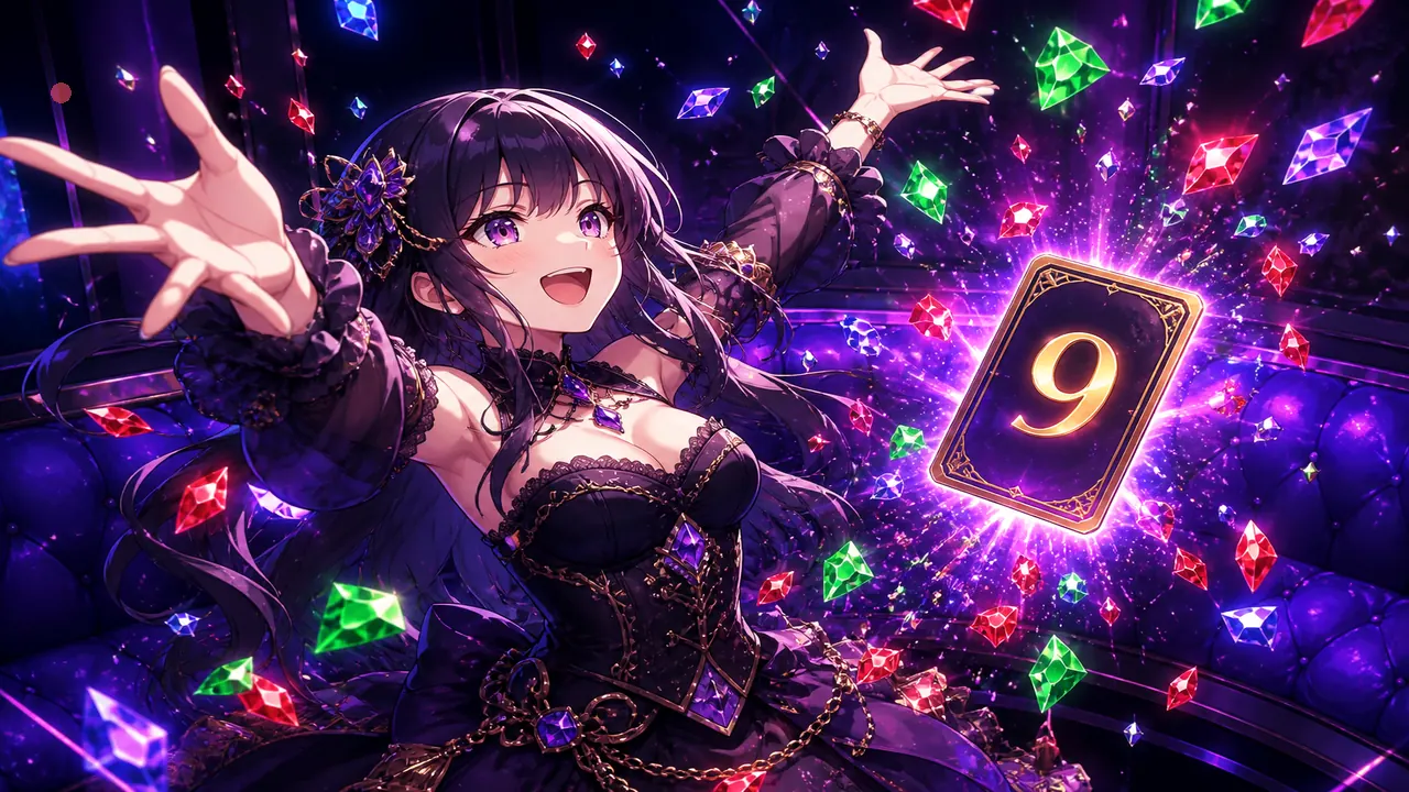 Anime host celebrating with green violet red confetti burst — win-queries